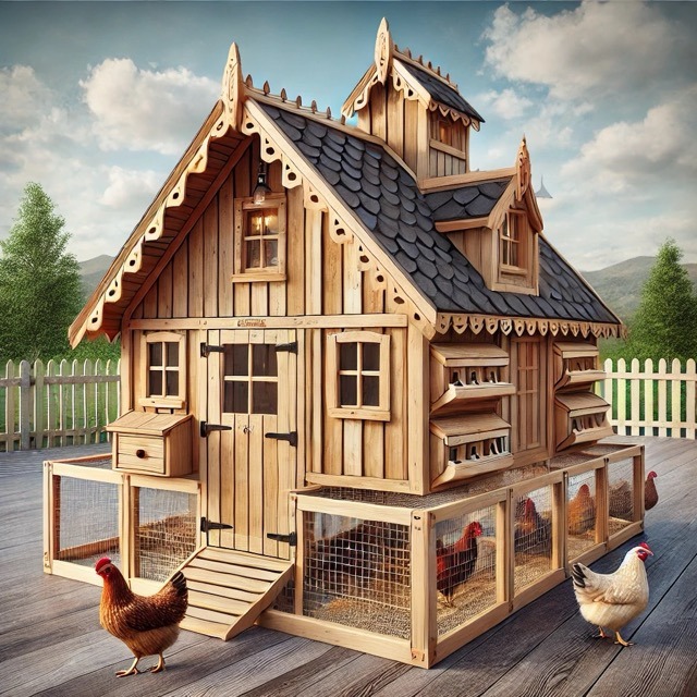 Here’s the beautiful and functional cottage-style chicken coop with an A-frame-style roof, perfect for around six laying hens. It features a rustic wood construction, easy-to-access nesting boxes, and a spacious run. The embellished roof adds aesthetic charm, while practical features like ventilation windows and a slide-out tray make it easy to clean and maintain.