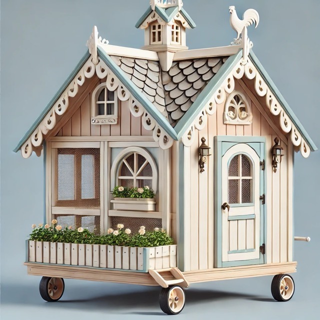 Adorable chicken coop on wheels: The cozy aesthetic and with practical elements.
