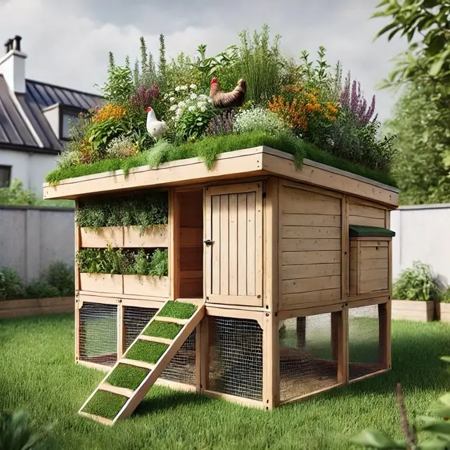 A chicken coop in a backyard. The coop is made of a light-colored wood. It has a huge garden on the roof, and a chicken!