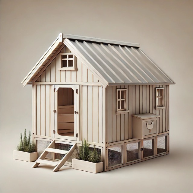 A beautifully designed chicken coop with an A-frame style roof that offers a charming cottage-like appearance, perfect for a backyard. It has a simple, neutral color palette that blends well with garden settings and is designed to hold about four laying hens. The structure includes a small entry door with a ramp, side windows for ventilation, and external access to the nesting boxes for convenient egg collection. 