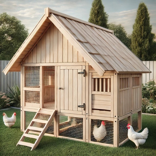 A simply designed chicken coop with ab A-frame roof. This coop is aesthetically pleasing and perfect for a backyard, designed to hold around four laying hens. The structure includes a small door with a ramp, ventilation windows on the sides, and external nesting boxes for easy egg collection. The wood tones and clean design make it a great fit for a cozy, natural setting, providing both functionality and comfort for the hens.