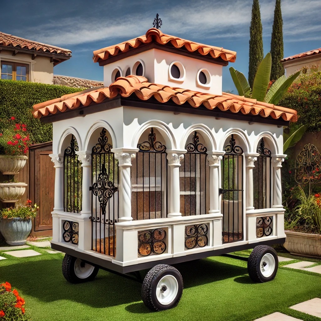 Chicken_Coop_Ideas_211 This mobile backyard chicken coop is designed with a luxurious, Mediterranean-inspired architectural style. It features arched windows and wrought iron railings, giving it a decorative, elegant appearance. The roof is topped with terracotta tiles, adding to its villa-like aesthetic. The coop sits on wheels, making it easy to move around the yard. The intricate ironwork and stucco-like white walls make the structure both functional and aesthetically appealing, resembling a small, ornate gazebo or carriage. This coop would be a standout feature in a garden with lush greenery and vibrant flowers, blending style and practicality.