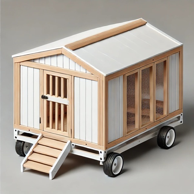 chicken_coop_on_wheels_backyard_11 A minimalist chicken coop design with a metal roof and wood trim. The modern aesthetic pairs well with the practical features like wheels and a ramp for easy access.