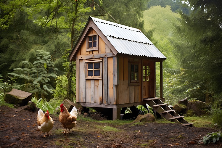 This charming chicken coop has a rustic, cabin-like design with wood paneling and a metal roof. Elevated on stilts, the coop is accessible via a small wooden ramp, providing shelter and protection from the damp ground. The structure features multiple windows for natural light and ventilation, creating a cozy yet functional space for the chickens. Nestled in a forested area, the coop blends beautifully with its natural surroundings, offering the chickens a peaceful and scenic environment.